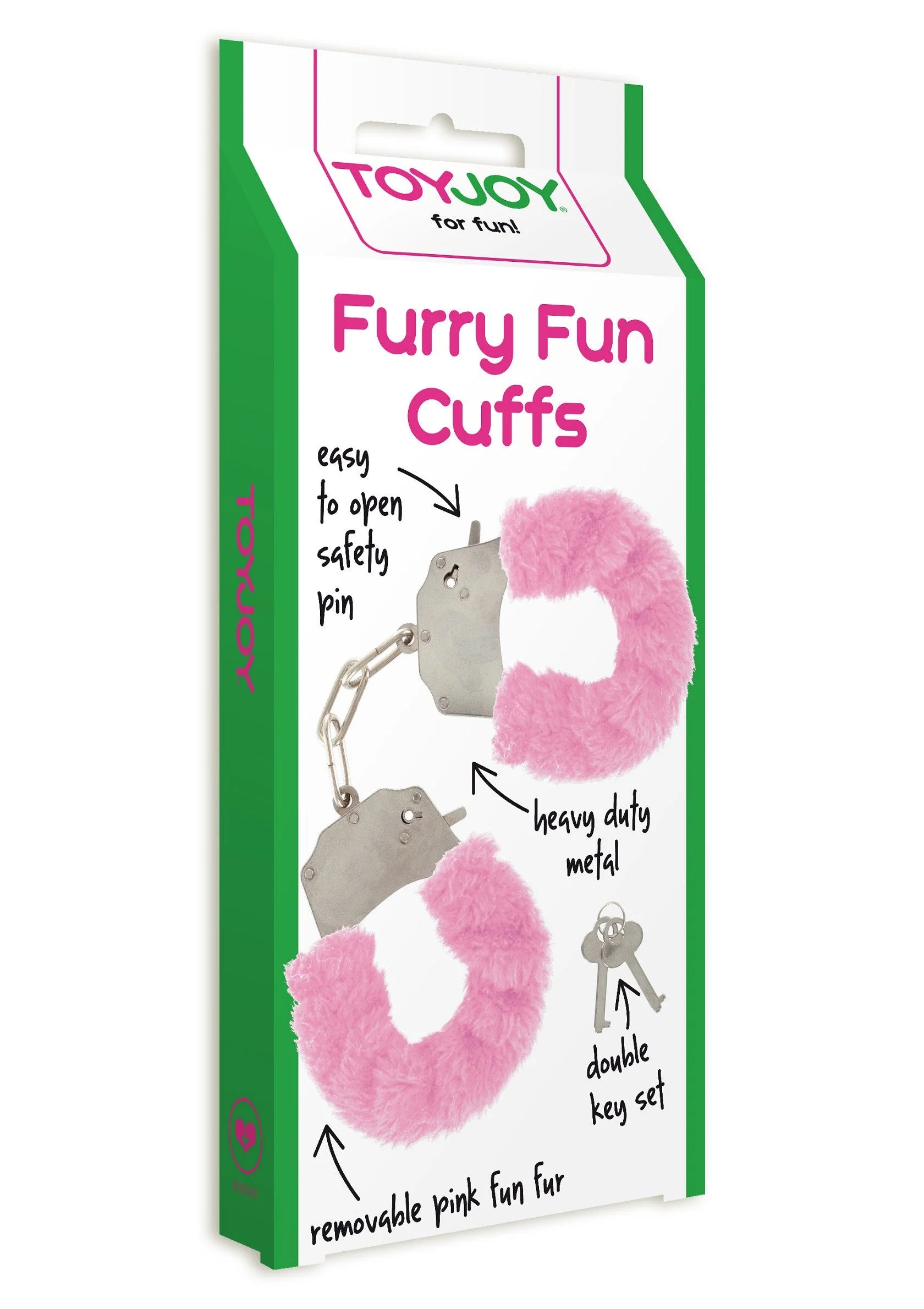 ToyJoy Furry Fun Cuffs verpakking met roze bontboeien en metalen ketting.