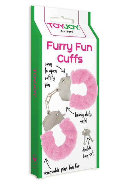 ToyJoy Furry Fun Cuffs verpakking met roze bontboeien en metalen ketting.