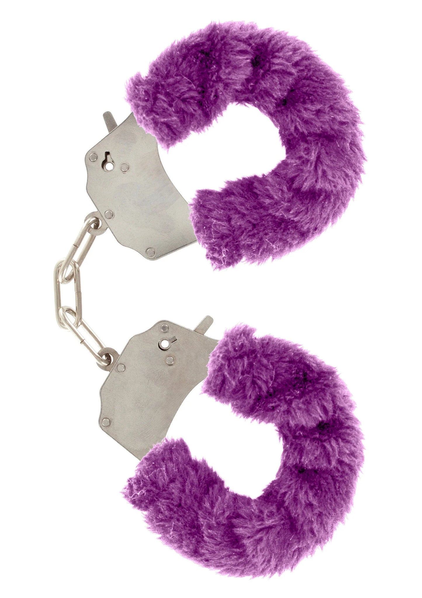 ToyJoy bont cuff set met paarse pluizige vulling, metalen kettinkjes en sleutelsluiting