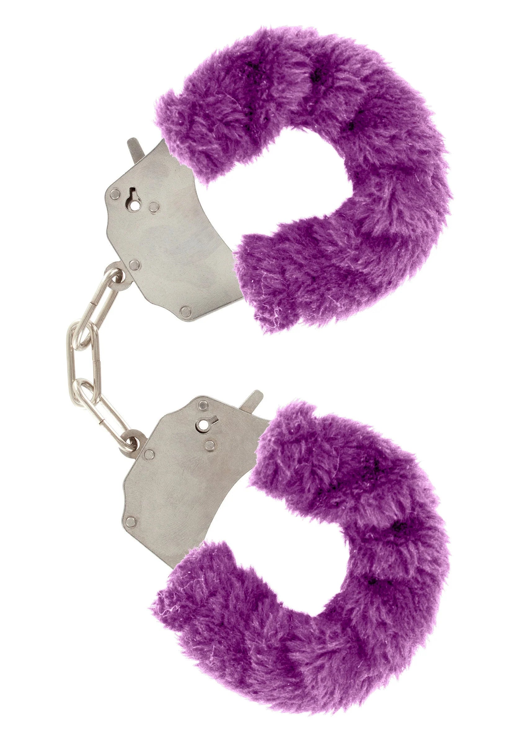 ToyJoy bont cuff set met paarse pluizige vulling, metalen kettinkjes en sleutelsluiting