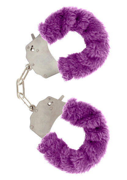 ToyJoy bont cuff set met paarse pluizige vulling, metalen kettinkjes en sleutelsluiting