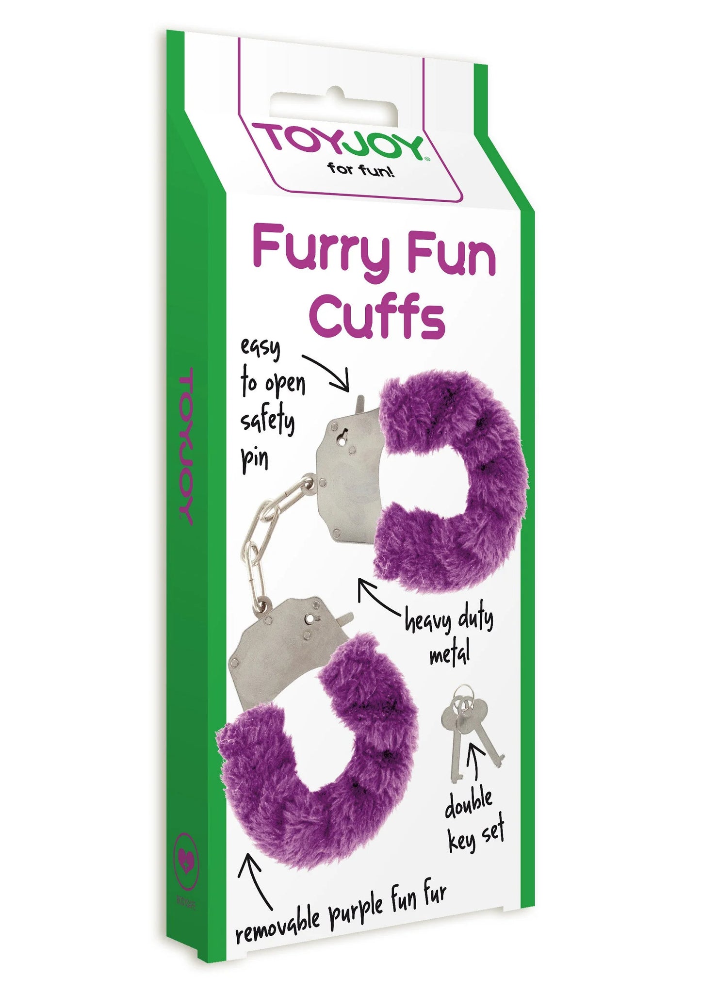 ToyJoy Furry Fun Cuffs verpakking met paarse bontboeien en metalen ketting.