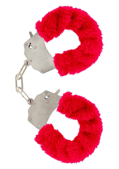 ToyJoy bont cuff set met felroze pluizige vulling, metalen kettinkjes en sleutelsluiting