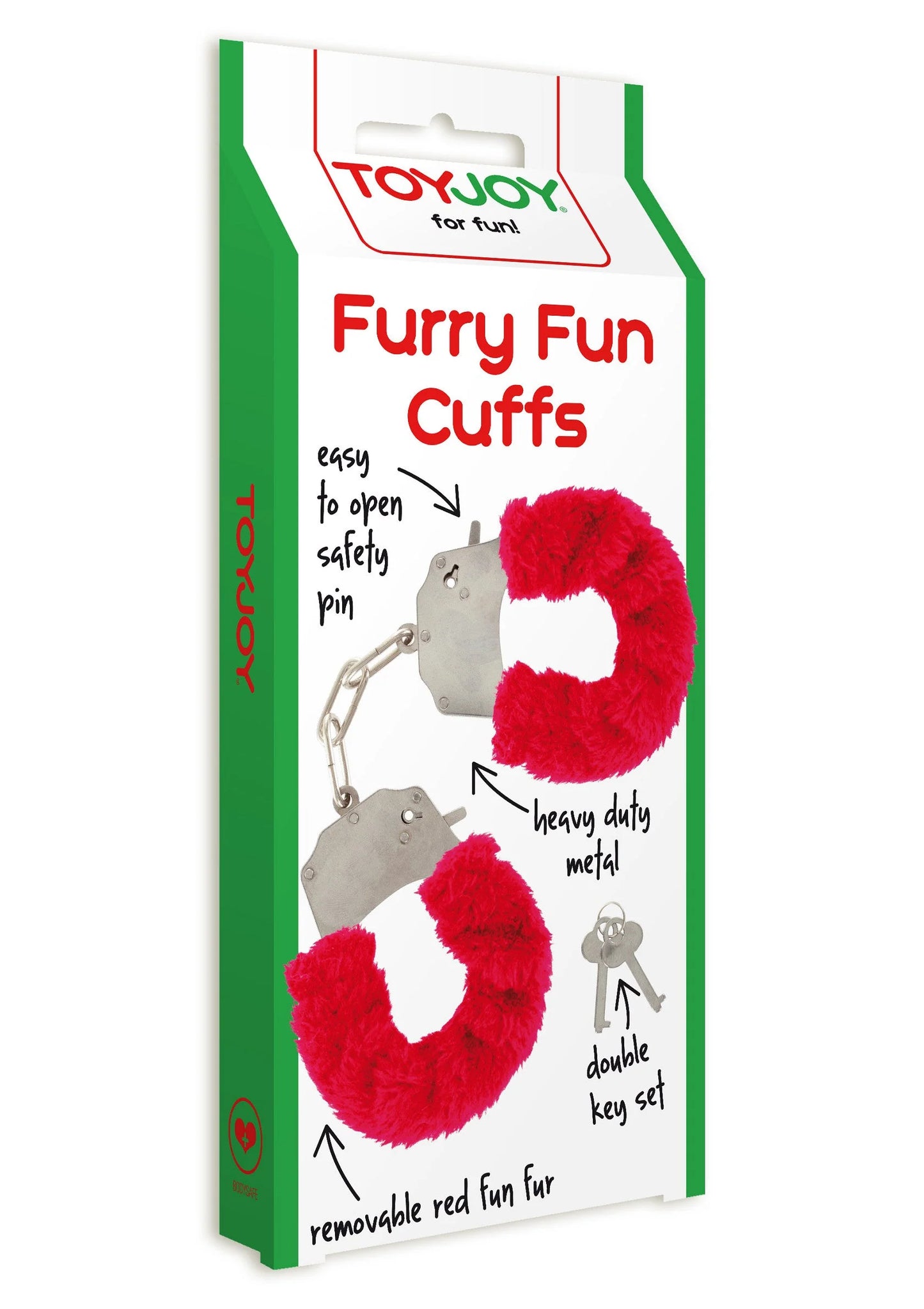 ToyJoy Furry Fun Cuffs verpakking met rode bontboeien en metalen ketting.