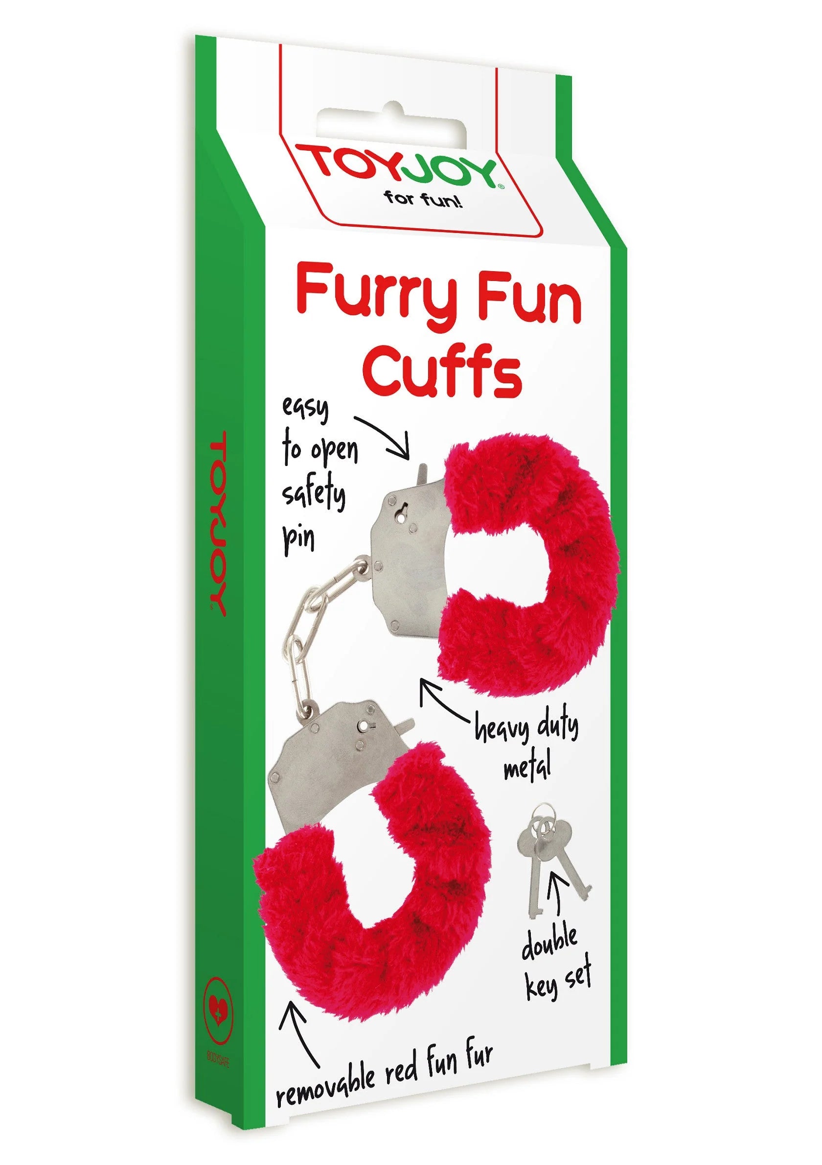 ToyJoy Furry Fun Cuffs verpakking met rode bontboeien en metalen ketting.