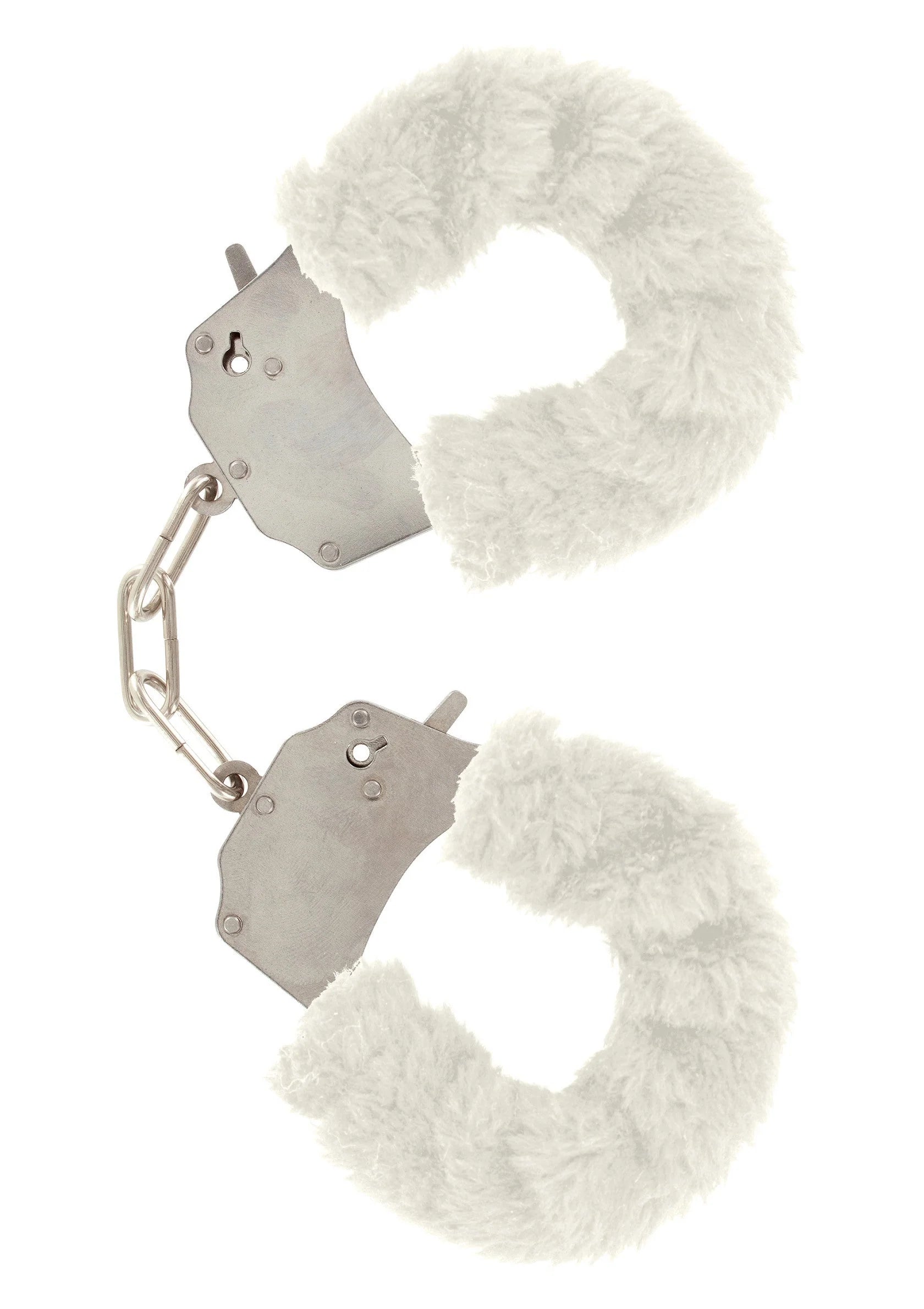 ToyJoy bont cuff set met witte pluizige vulling, metalen kettinkjes en sleutelsluiting