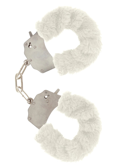ToyJoy bont cuff set met witte pluizige vulling, metalen kettinkjes en sleutelsluiting