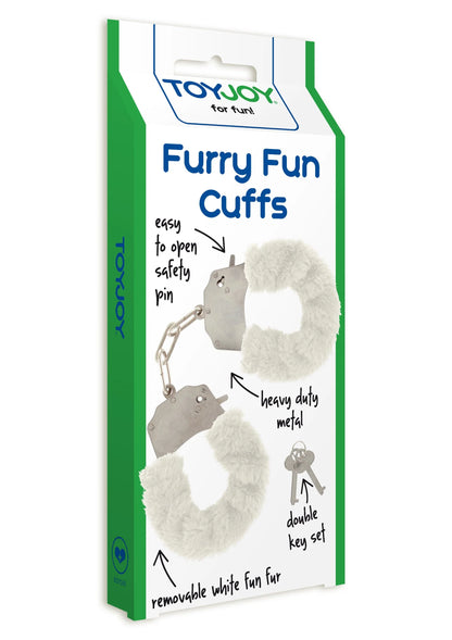ToyJoy Furry Fun Cuffs verpakking met witte bontboeien en metalen ketting.