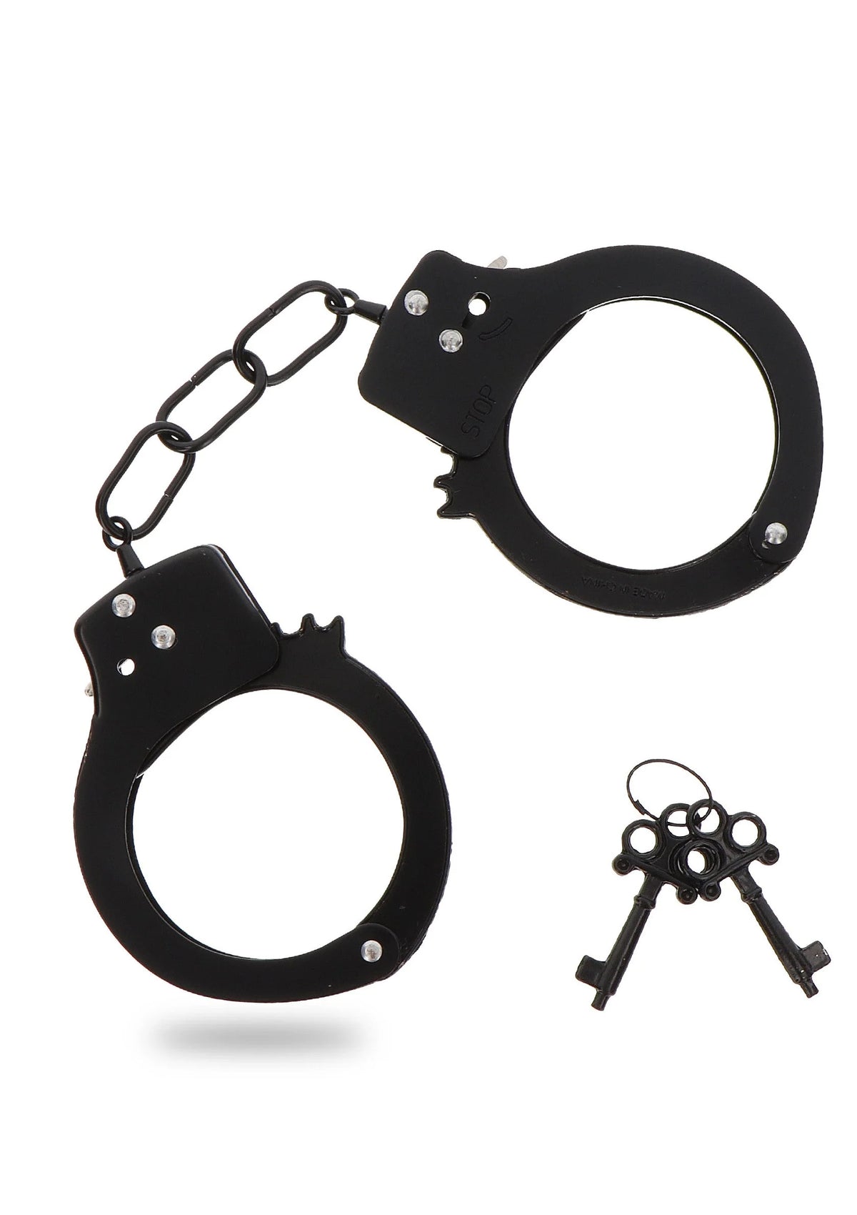 Zwarte metalen handboeien met ketting en sleutelset
