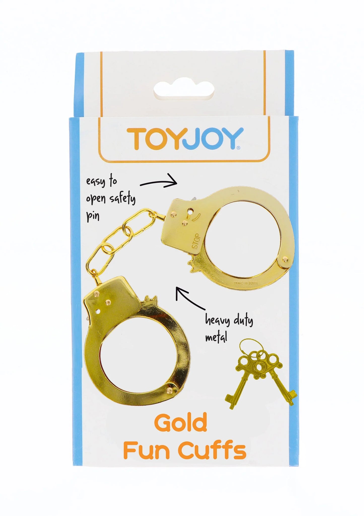 Gouden metalen handboeien met sleutelset op productverpakking