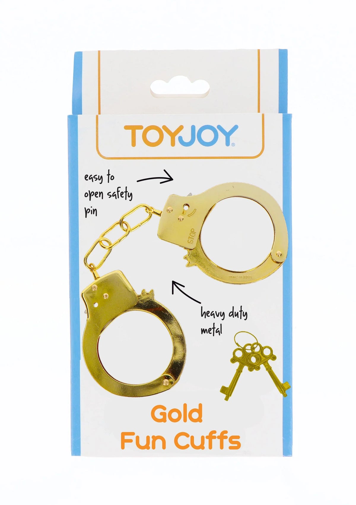 Gouden metalen handboeien met sleutelset op productverpakking