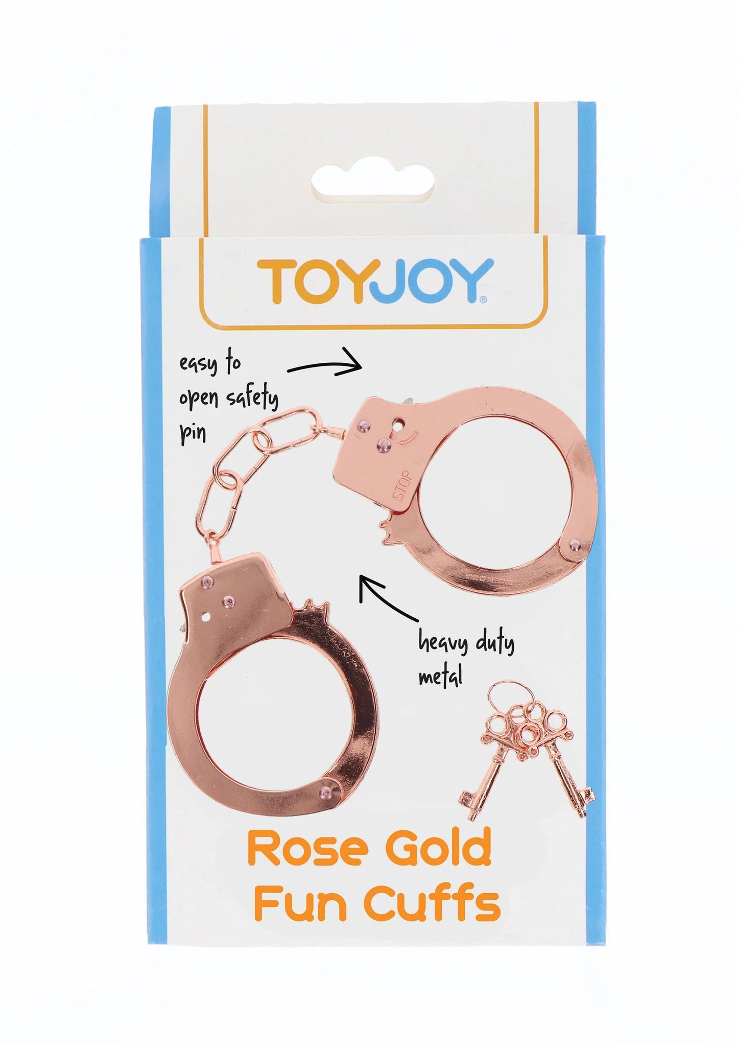 Roségouden metalen handboeien met sleutelset op productverpakking