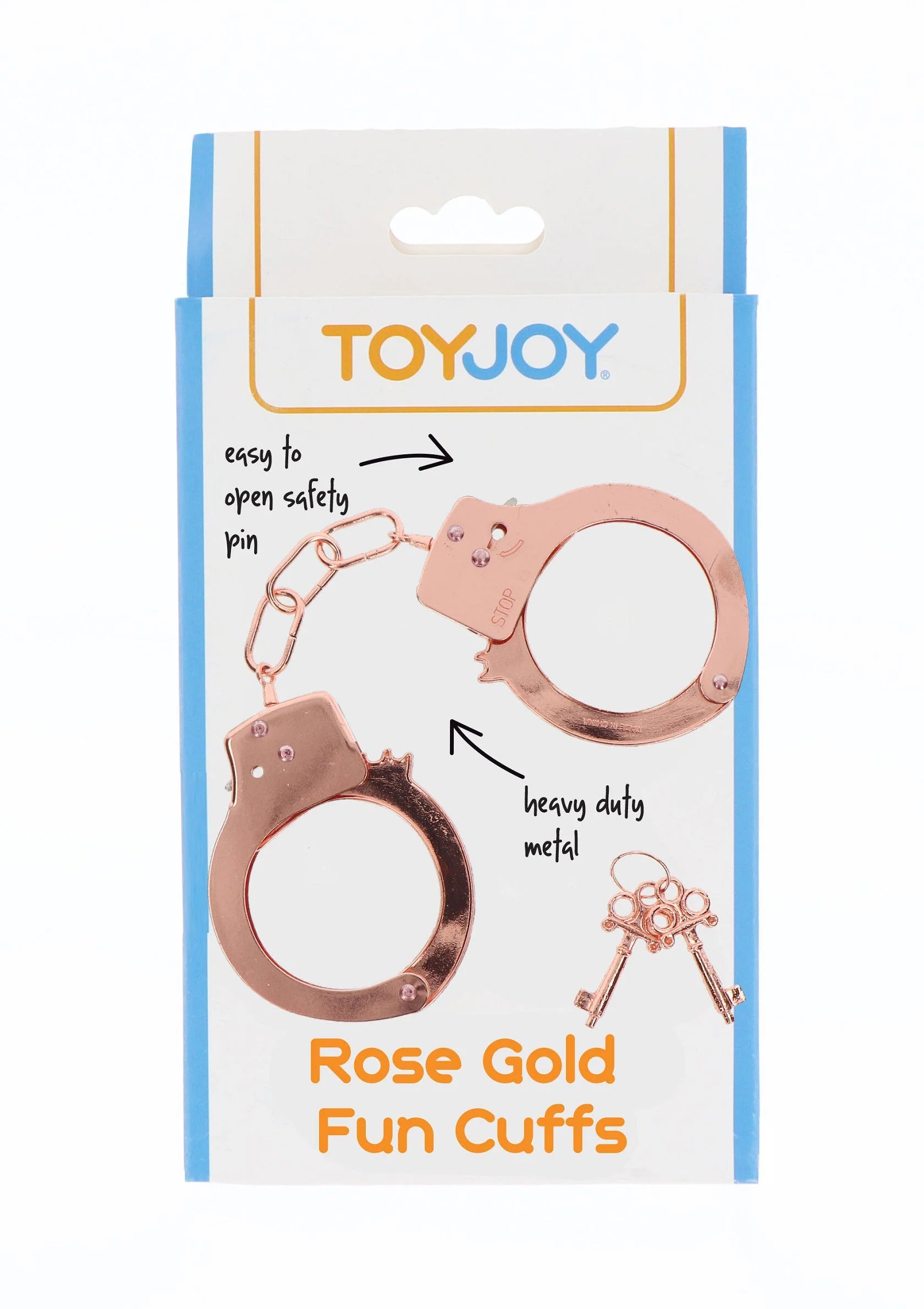 Roségouden metalen handboeien met sleutelset op productverpakking