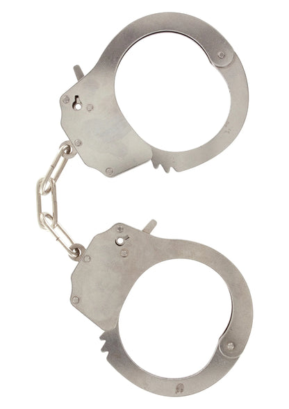 Zilverkleurige metalen handboeien met ketting en ronde boeien