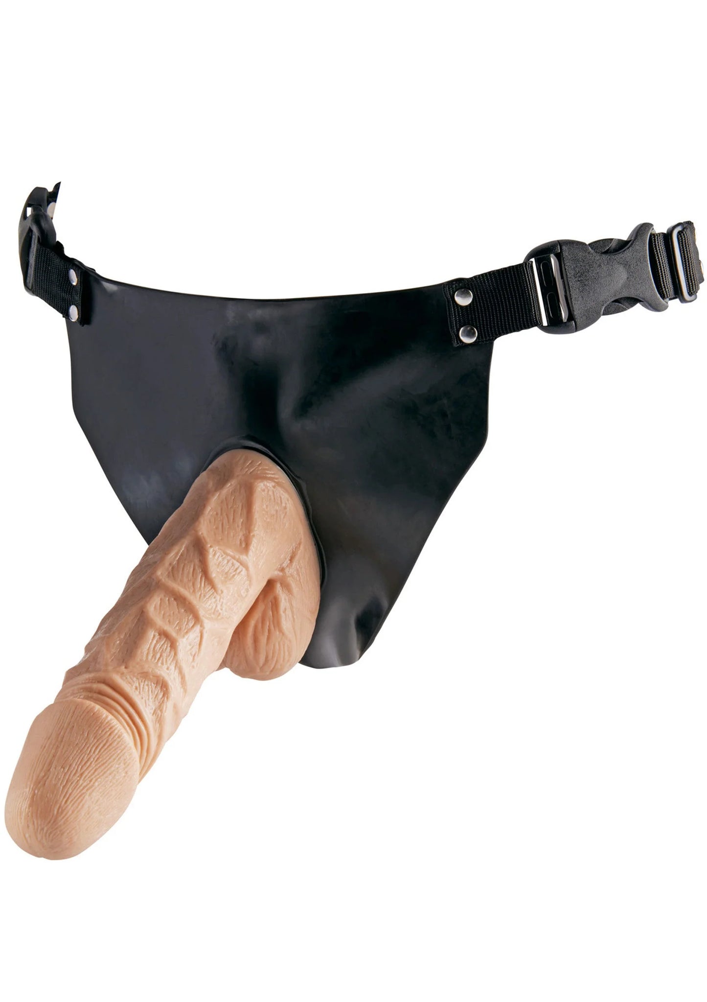 Zwarte strap-on met verstelbare sluiting en penisvormig inzetstuk (close-up)