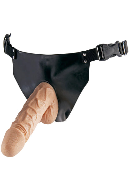 Zwarte strap-on met verstelbare sluiting en penisvormig inzetstuk (close-up)