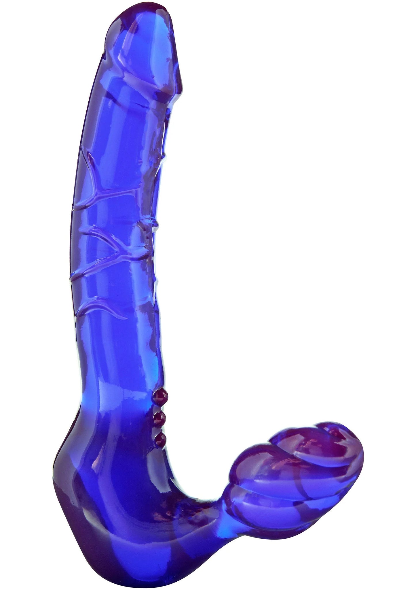 Donkerblauwe gebogen dildo met brede basis en ronde kop, met knopjes