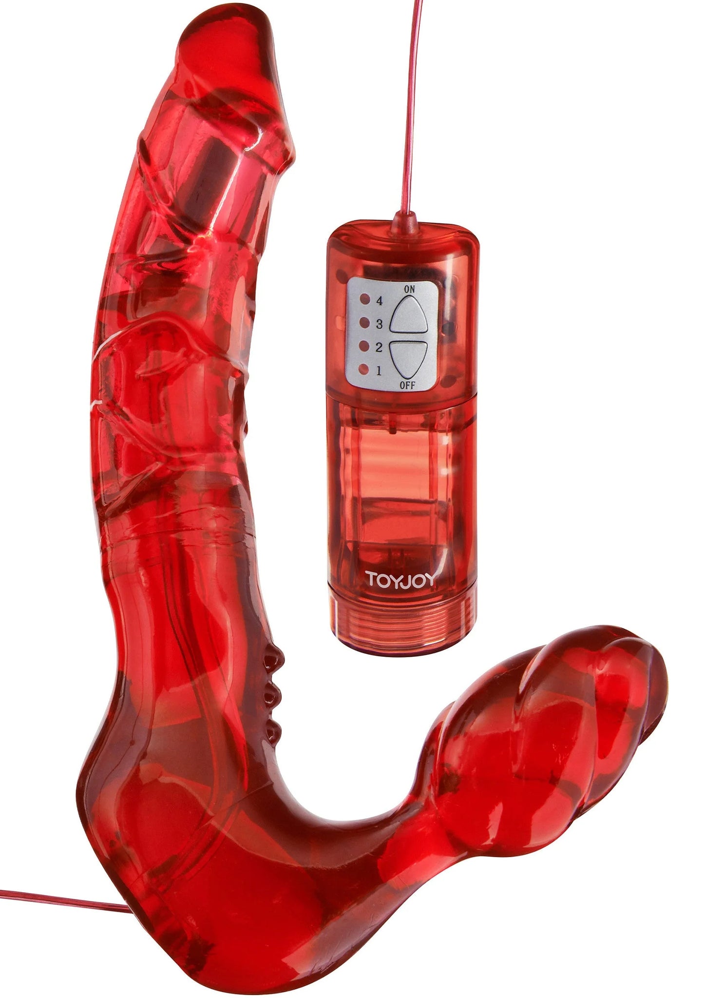 Rode gebogen vibrator met glanzende afwerking en bedieningsunit met knoppen