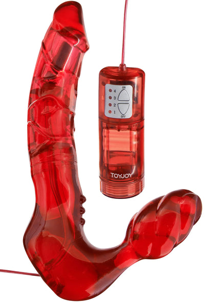 Rode gebogen vibrator met glanzende afwerking en bedieningsunit met knoppen