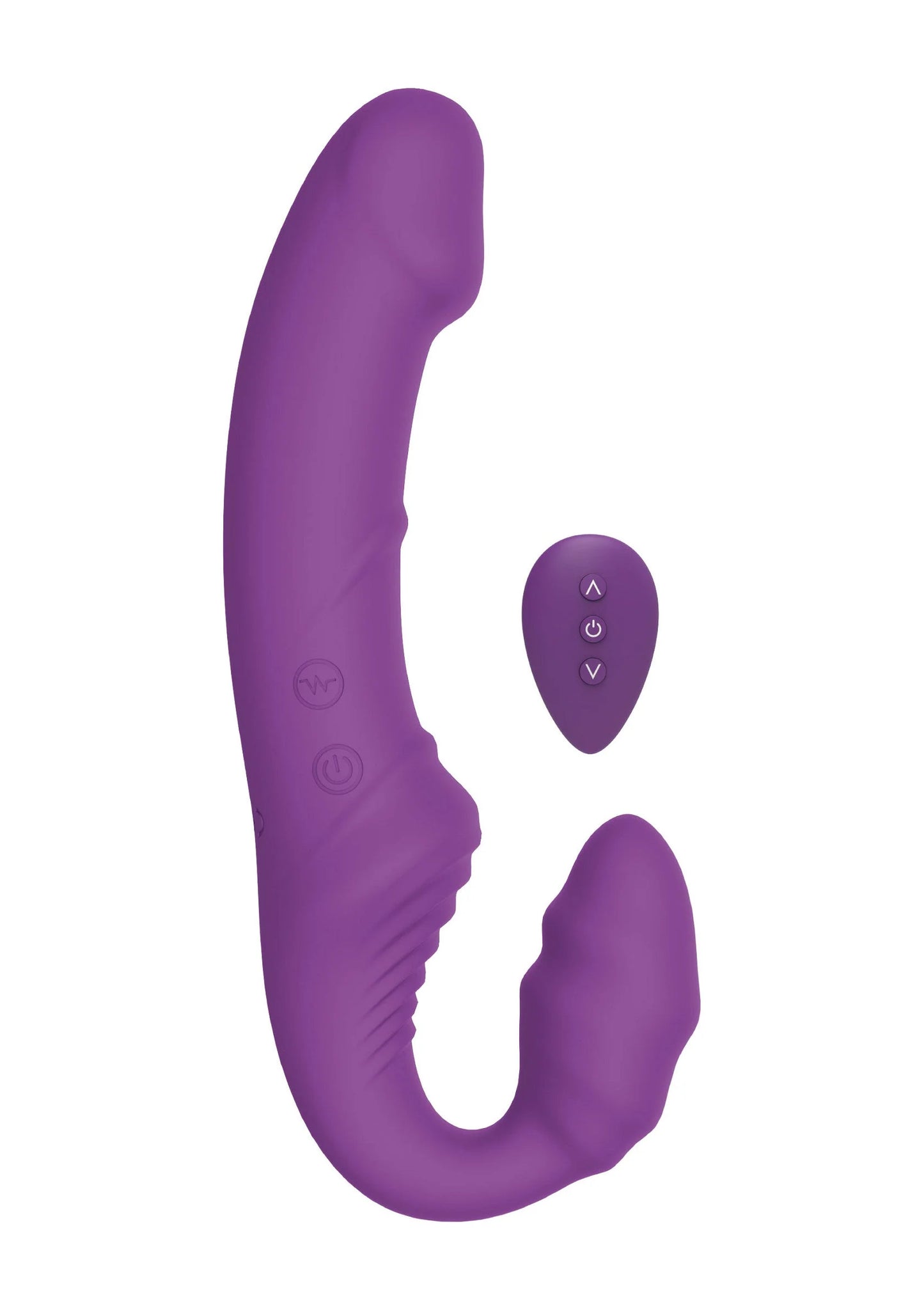 Paarse L-vormige vibrerende strap-on met afgeronde uiteinden en bedienzone.