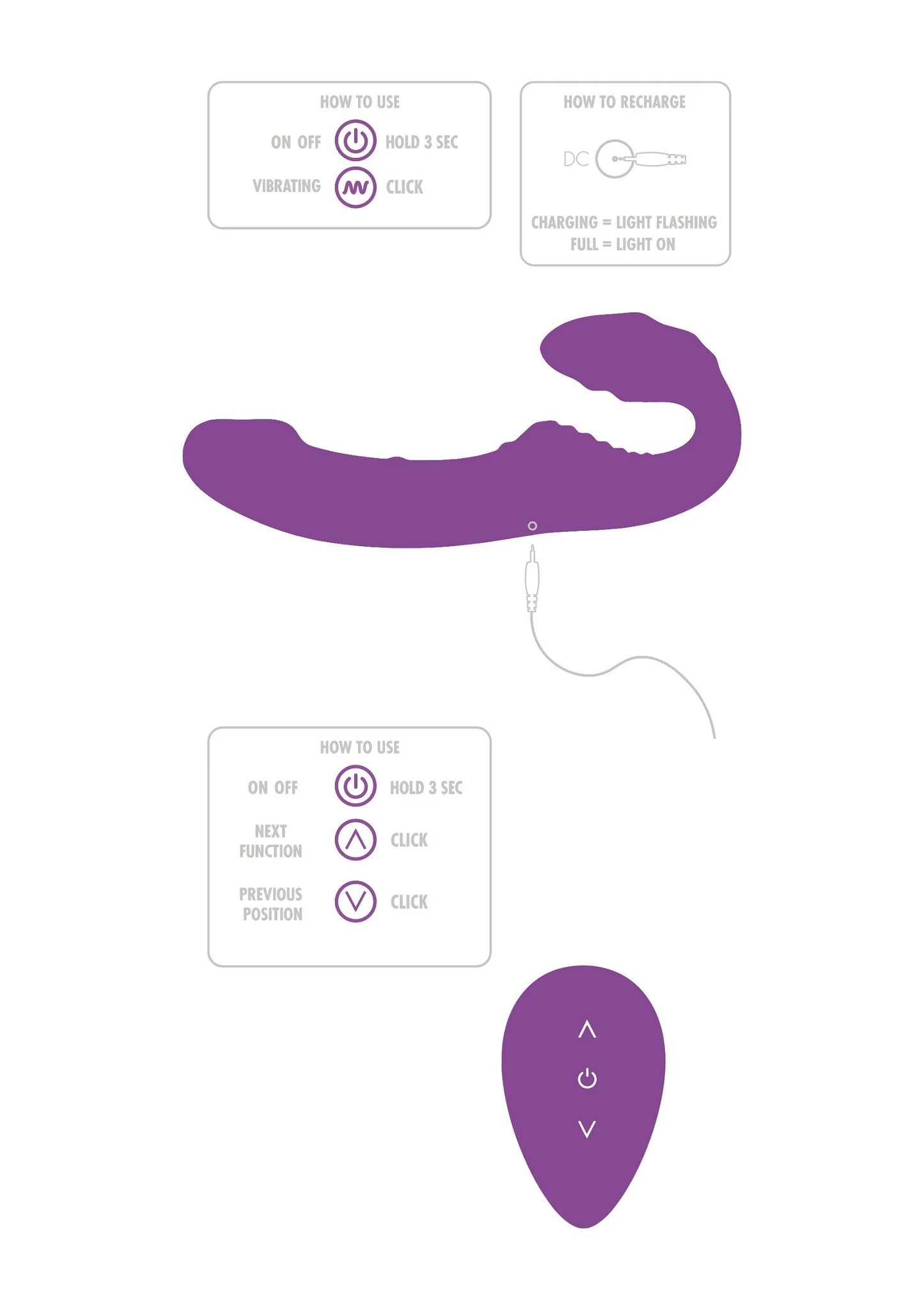 Paarse strap-on vibrator en afstandsbediening met icoontjes voor standen.