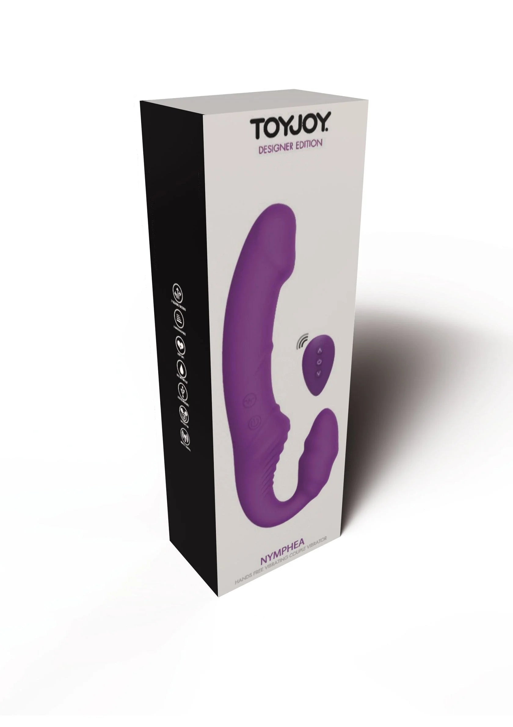 Toyjoy Designer Edition verpakking met paarse L-vormige vibrerende strap-on afbeelding.