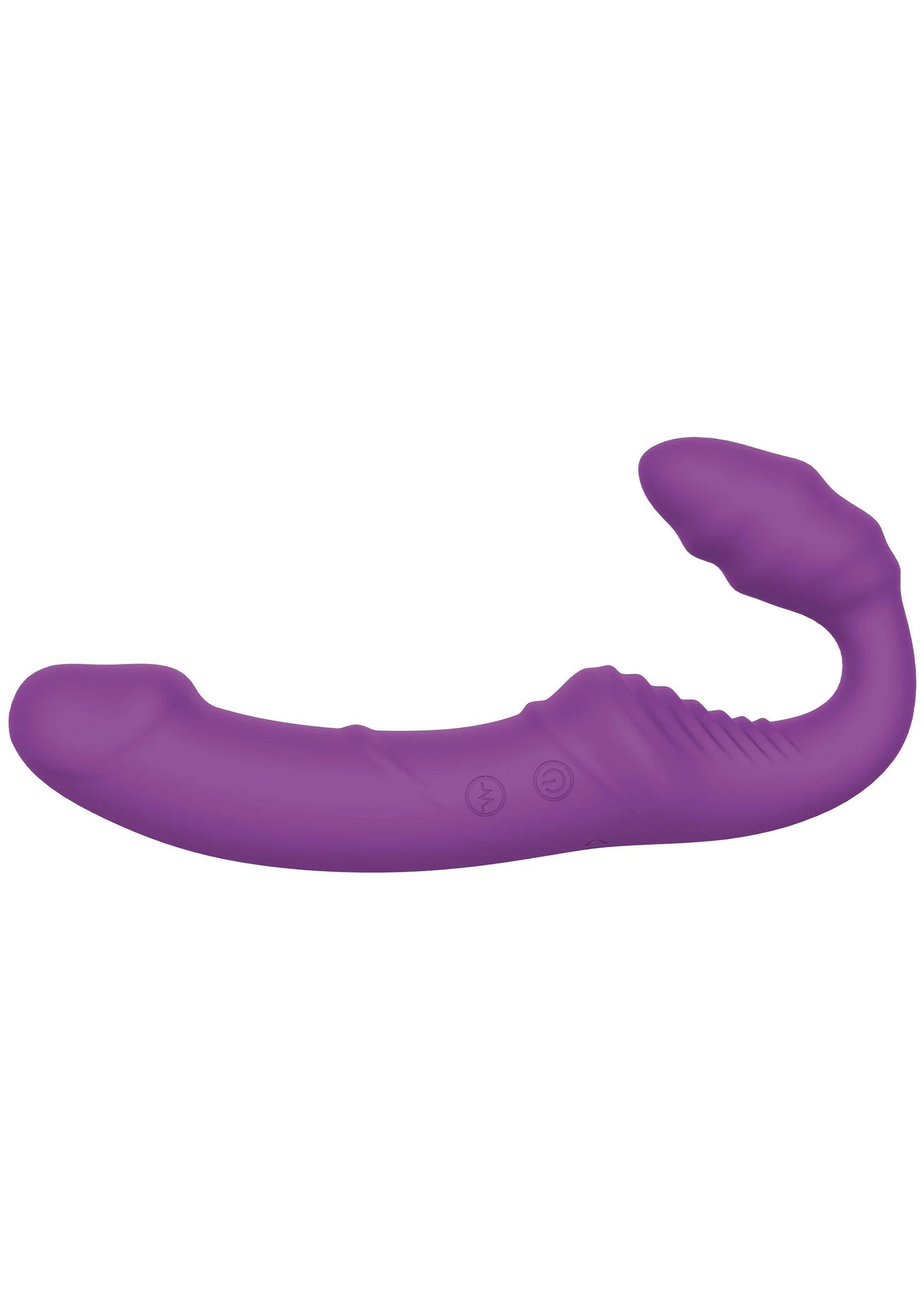 Paarse gebogen vibrerende strap-on met open uiteinde en afgeronde top.