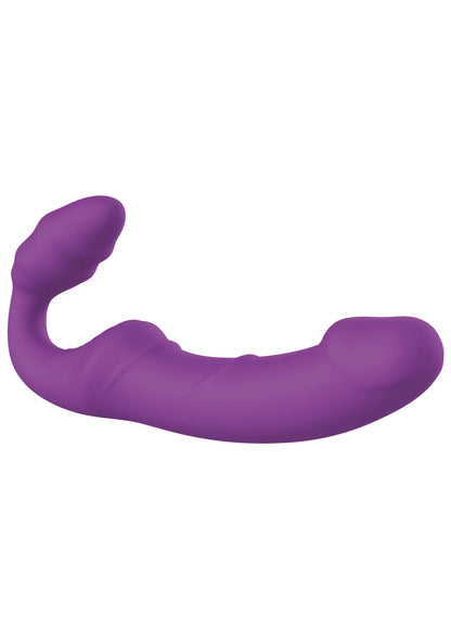 Paarse boogvormige strap-on vibrator met twee afgeronde uiteinden.