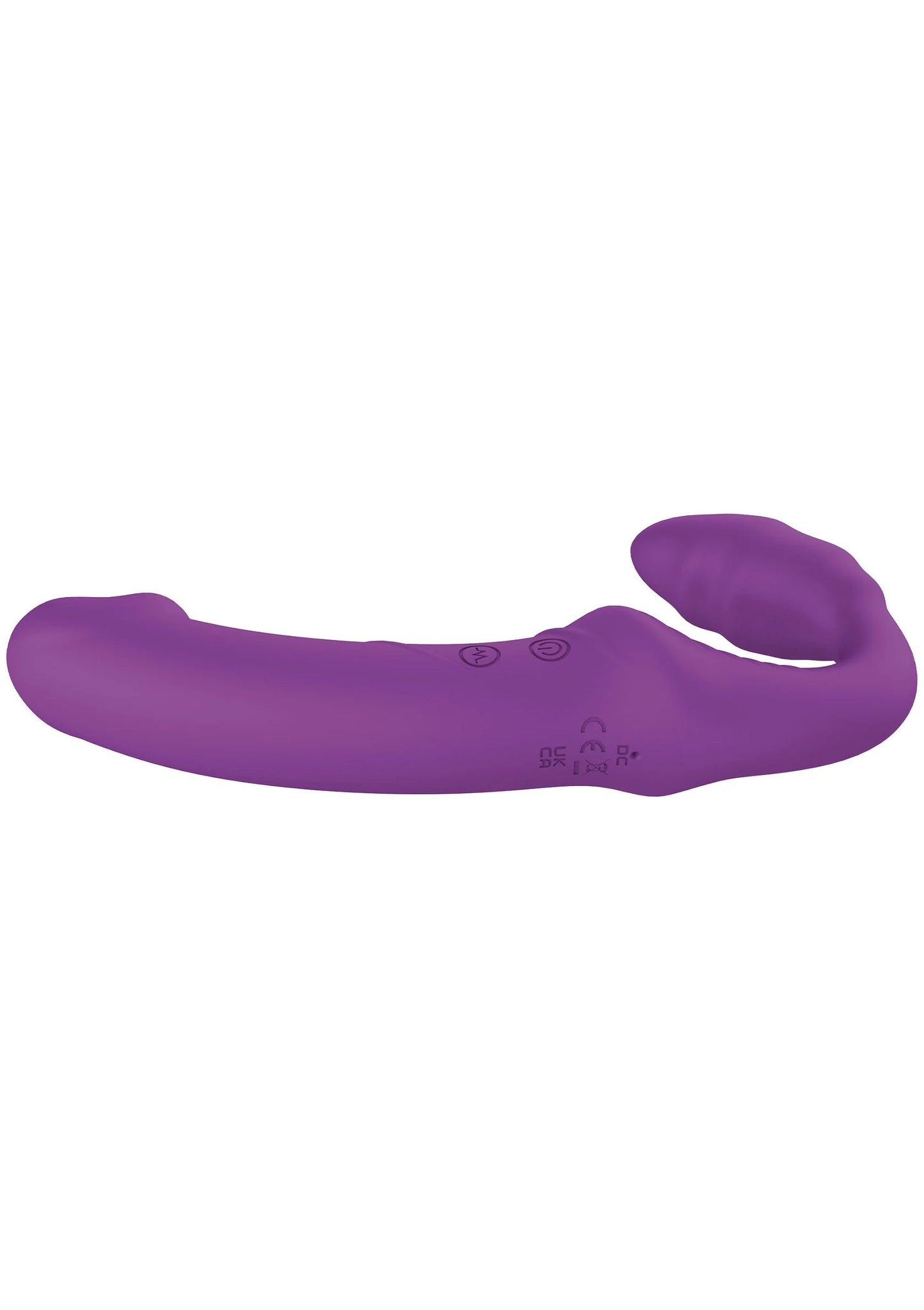 Paarse vibrerende strap-on in zijaanzicht met afgeronde kop en twee uiteinden.