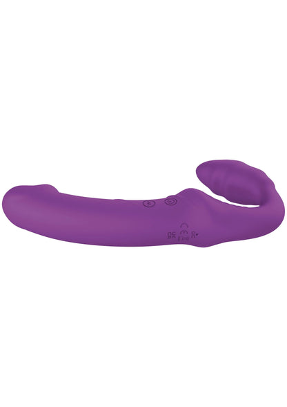 Paarse vibrerende strap-on in zijaanzicht met afgeronde kop en twee uiteinden.
