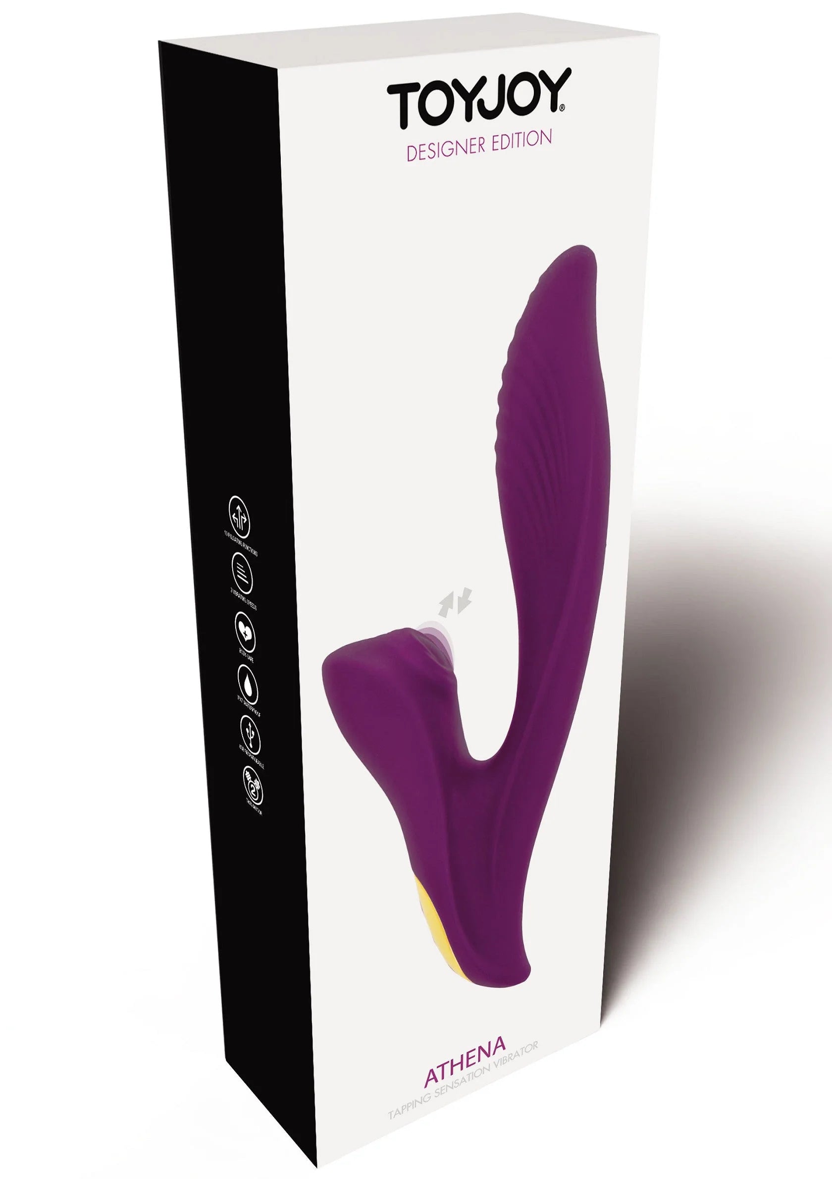 ToyJoy Designer Edition verpakking met paars V-vormig vibrerend apparaat