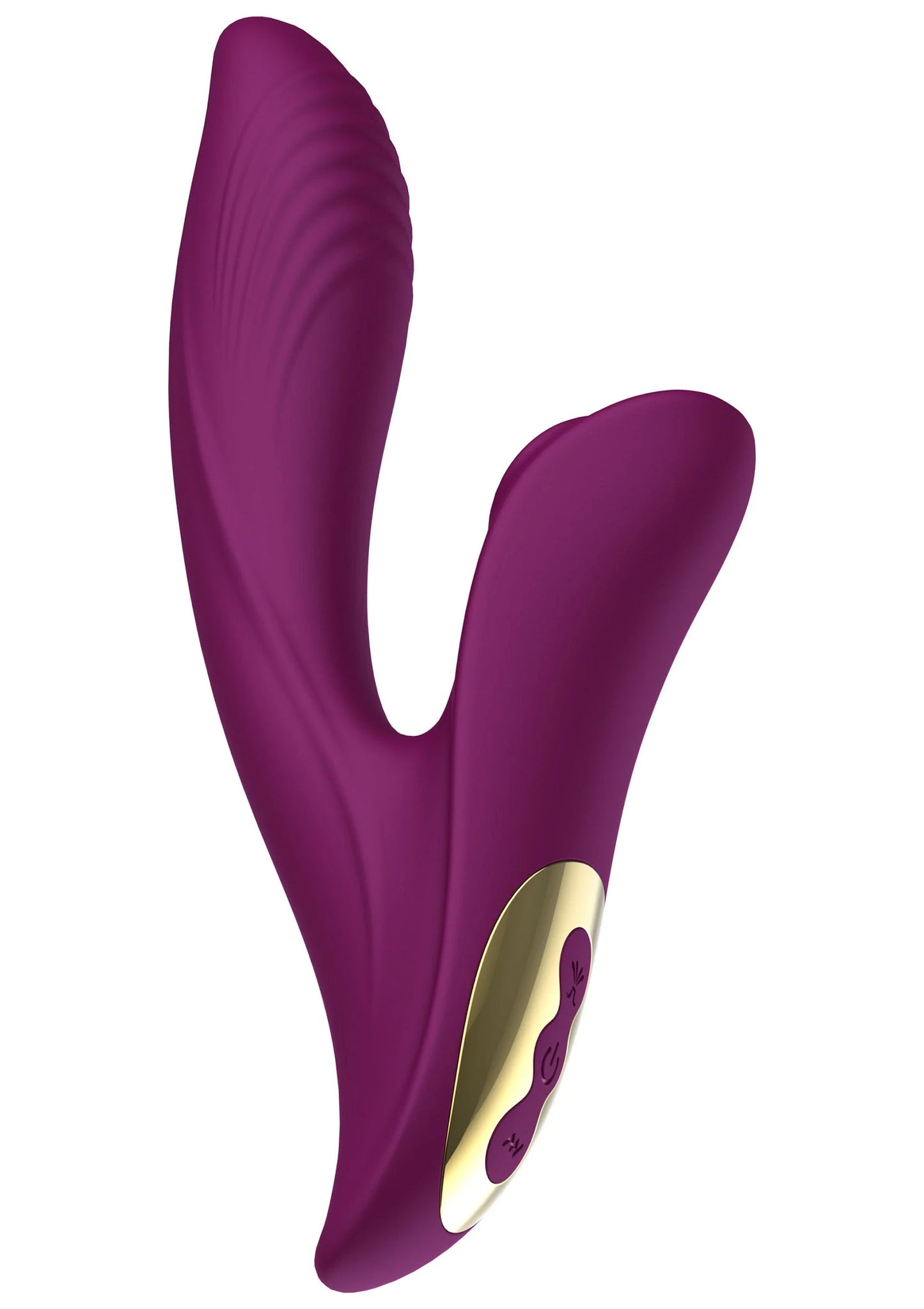 Paarse V-vormige vibrator met ovaal contactpunt en goudkleurige inzet
