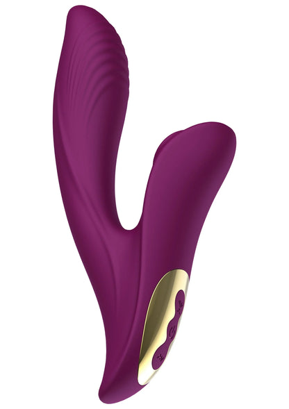 Paarse V-vormige vibrator met ovaal contactpunt en goudkleurige inzet