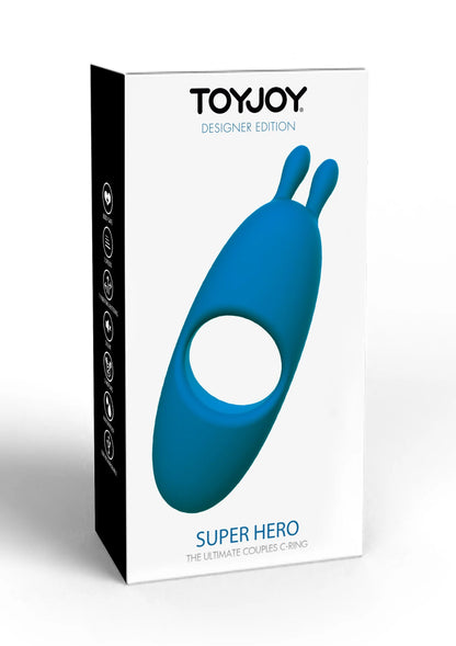 Blauwe C-ring voor koppels van ToyJoy in verpakking met konijnoren en ronde opening