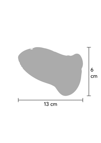 Afmetingentekening kussentstimulator: 13 cm x 6 cm in grijs silhouet