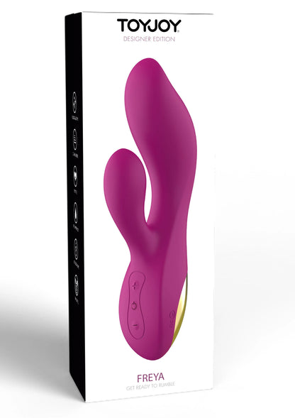 ToyJoy Freya designer vibrator, paars U-vormig siliconen ontwerp met bedieningsknoppen