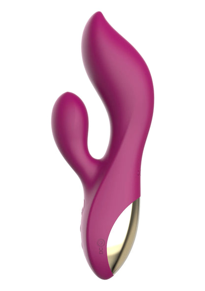 Paars U-vormige vibrator, close-up van beide lussen en glanzende metalen rand