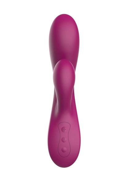 Roze dual-vibrator met knoppen op de achterkant, in zijaanzicht