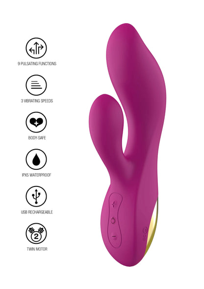 Paars U-vormige vibrator met bedieningsknoppen, iconen voor 9 functies en waterdicht