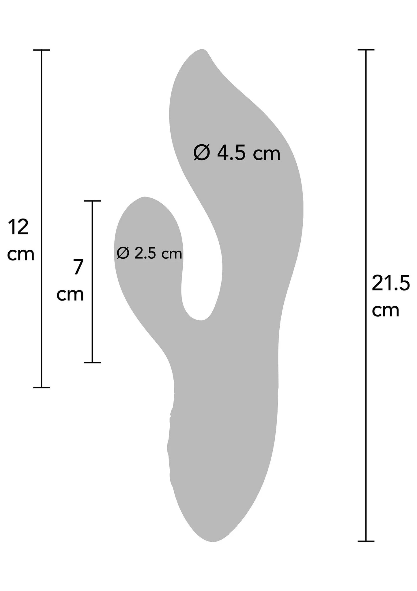 Vibrator met afmetingen: Ø2,5 cm, Ø4,5 cm en hoogtes 12 cm en 21,5 cm