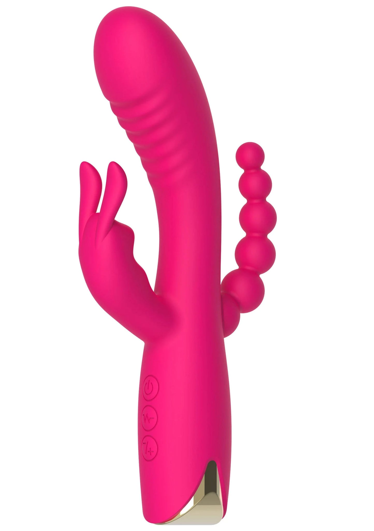 Roze triple vibrerende vibrator met gebogen arm en ronde parels aan de zijkant