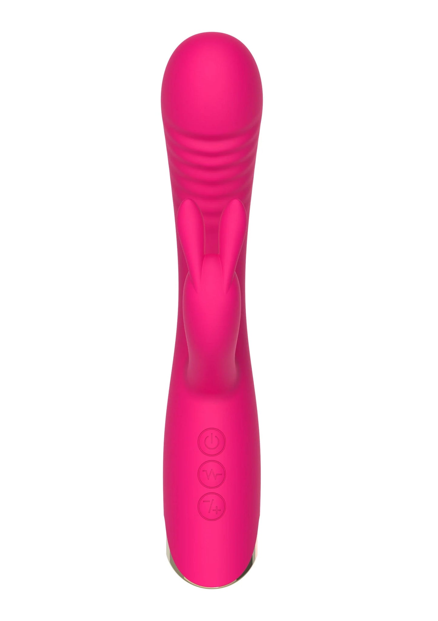 Roze verticale vibrator met geribde kop en drie ronde stimulators aan de steel