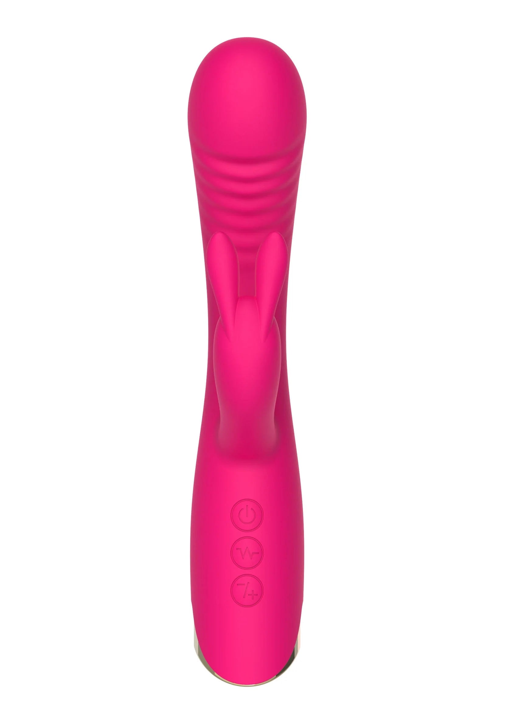 Roze verticale vibrator met geribde kop en drie ronde stimulators aan de steel