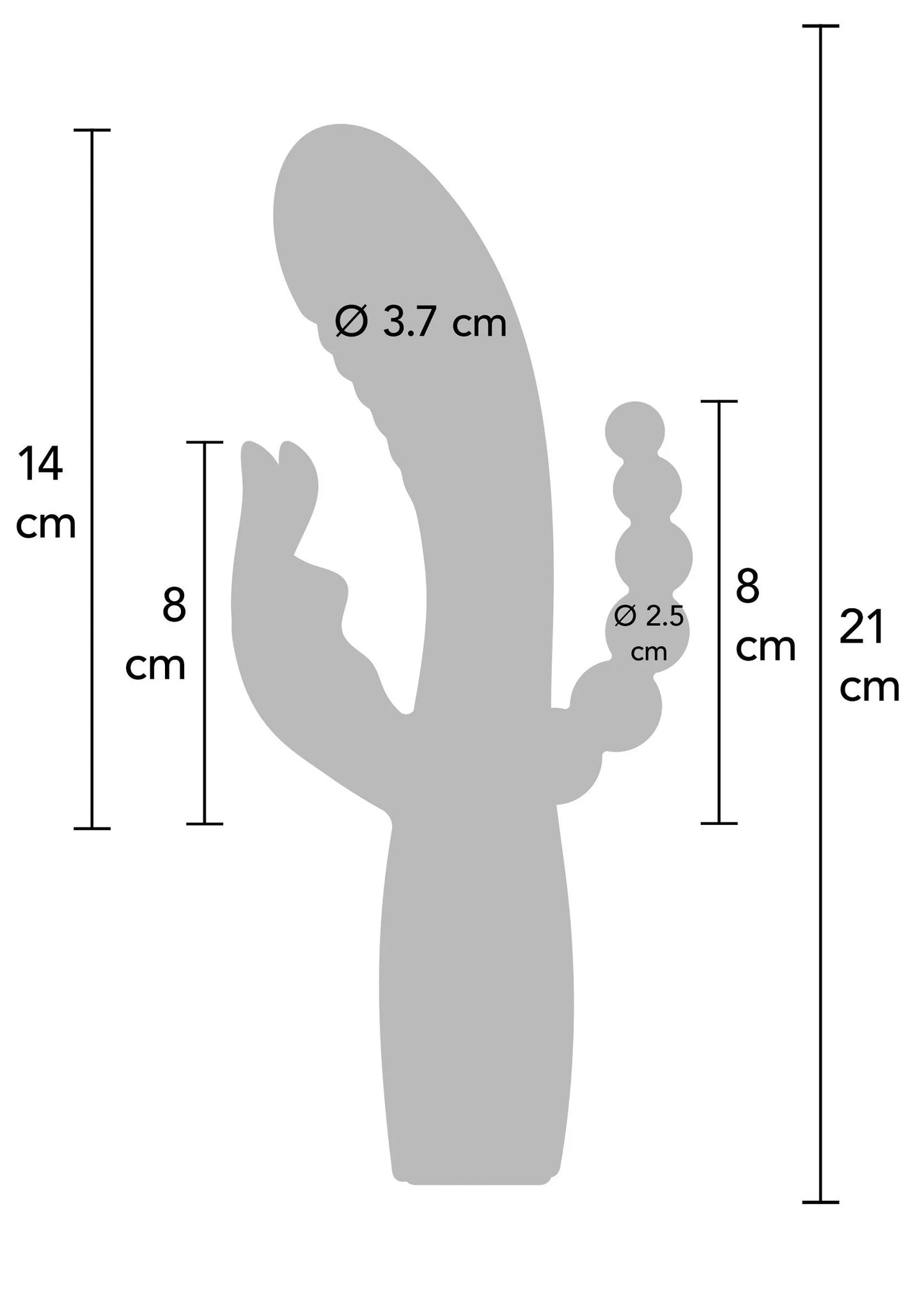 Afmetingendiagram van vibrator: lengte 21 cm en doorsnede Ø 3,7 cm