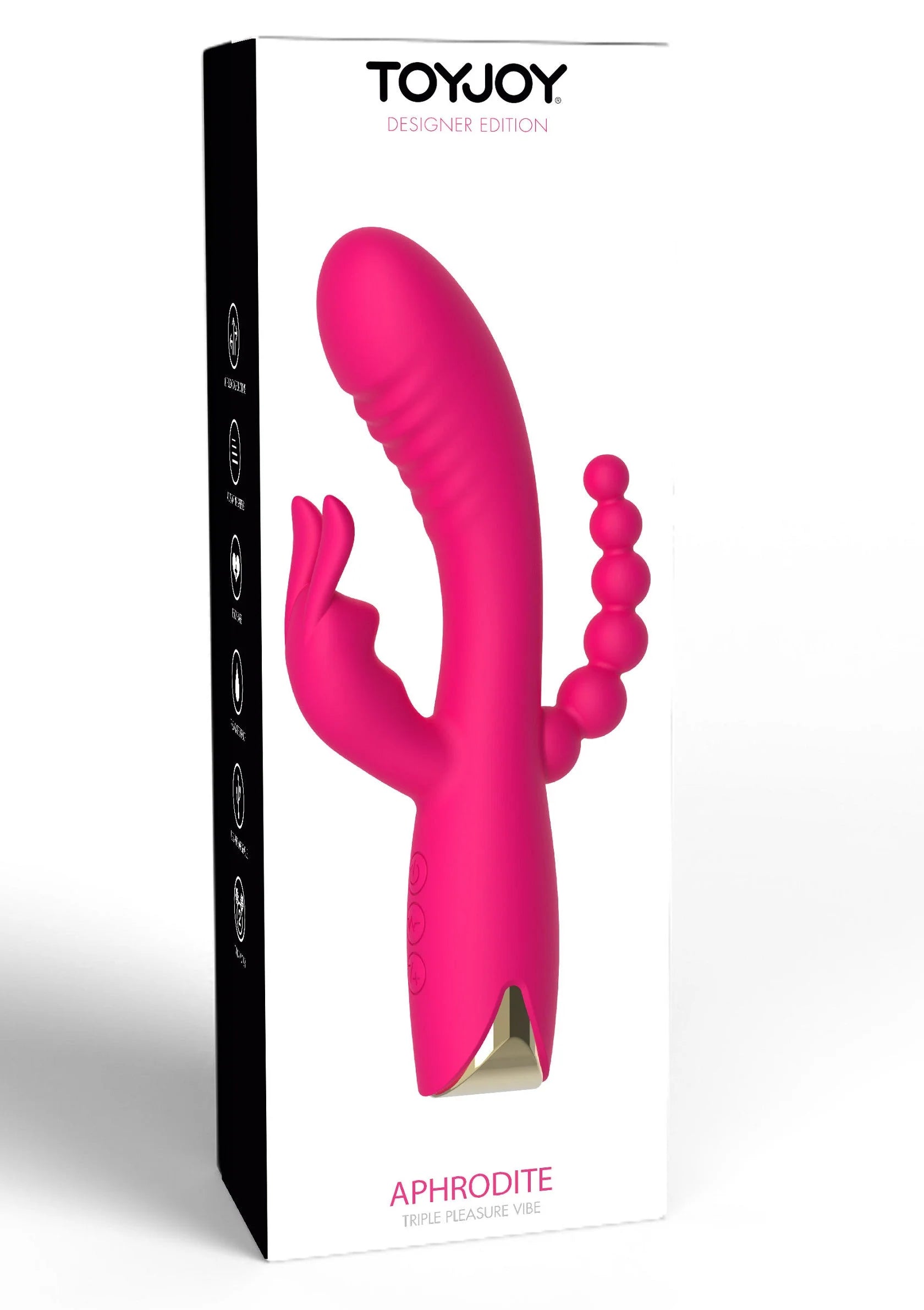 Roze vibrator in doos met TOYJOY Designer Edition en parelketting