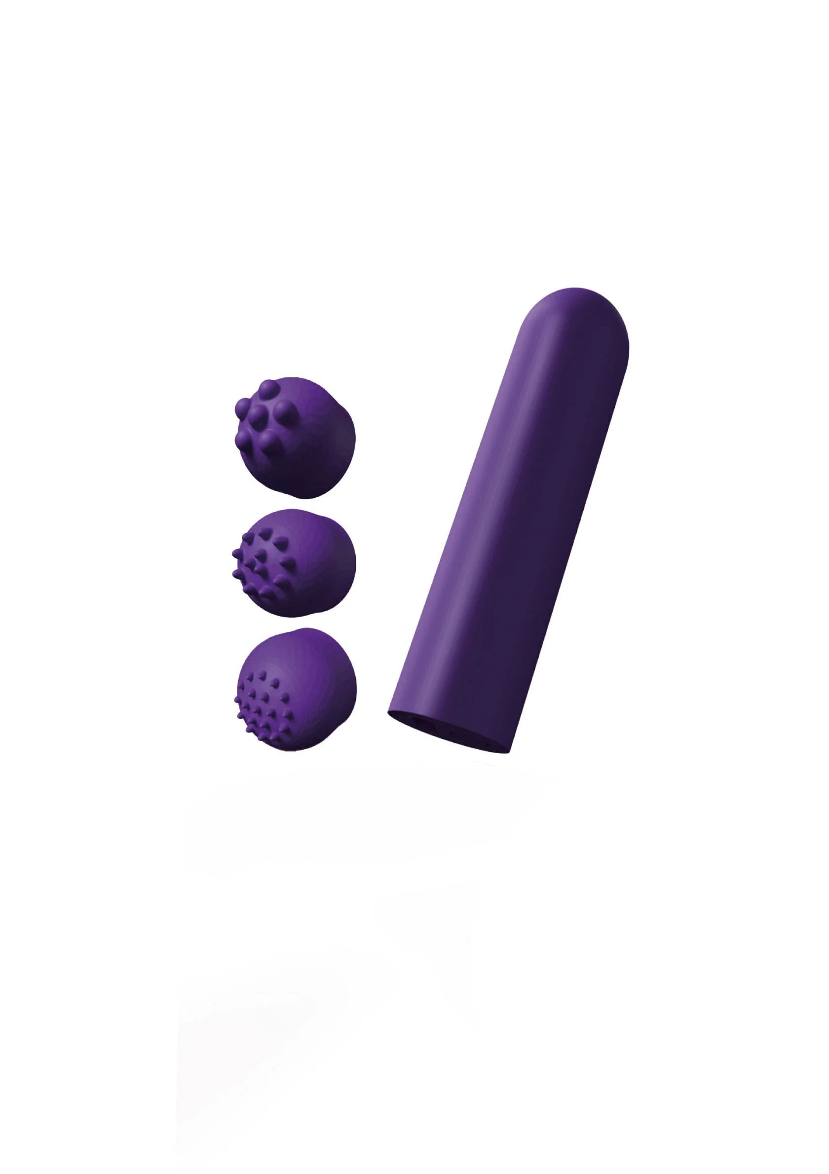 Paarse pocket vibrator met drie textuur-opzetstukken