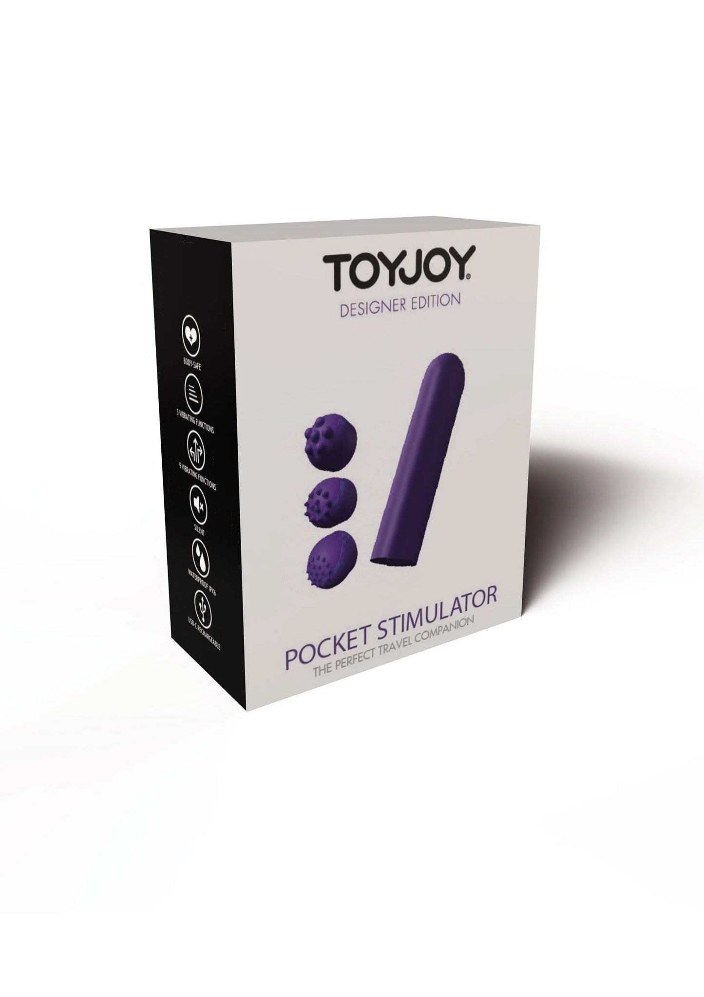 Toyjoy Designer Edition doos met paarse pocket stimulator en drie opzetstukken
