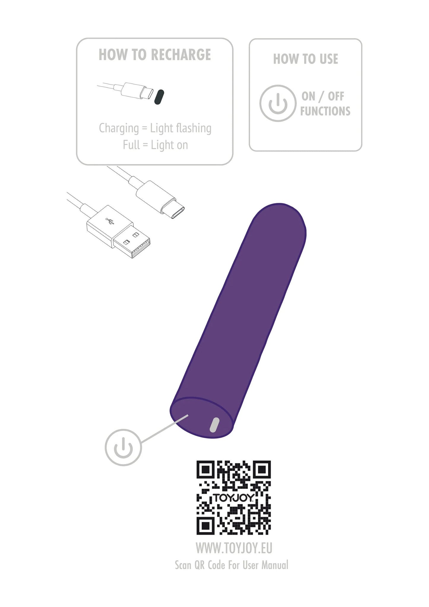 Paarse pocket vibrator met opladen-instructies en gebruiksiconen