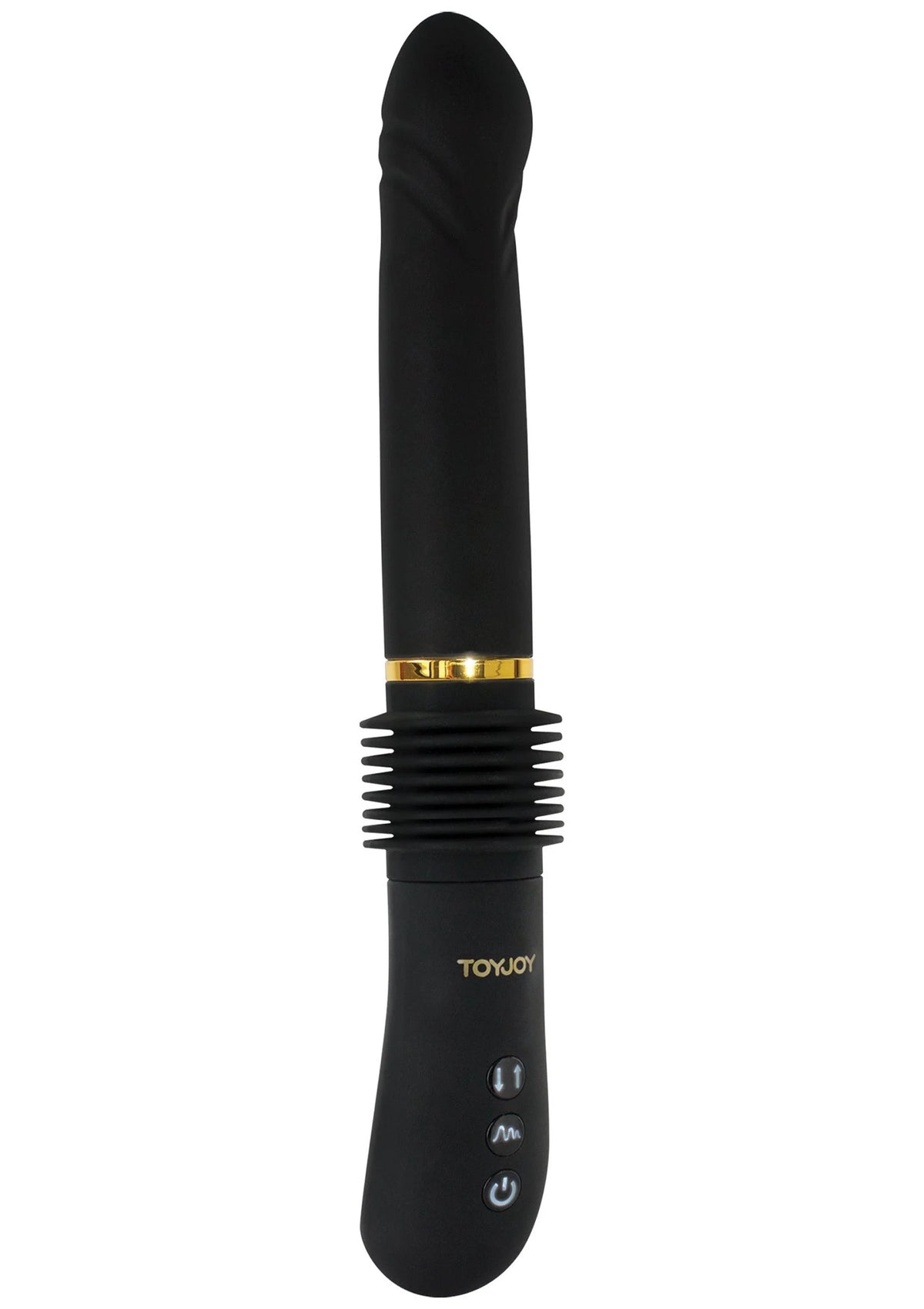 Zwarte vibrator met gouden ring, geribbelde hals en bedieningsknoppen