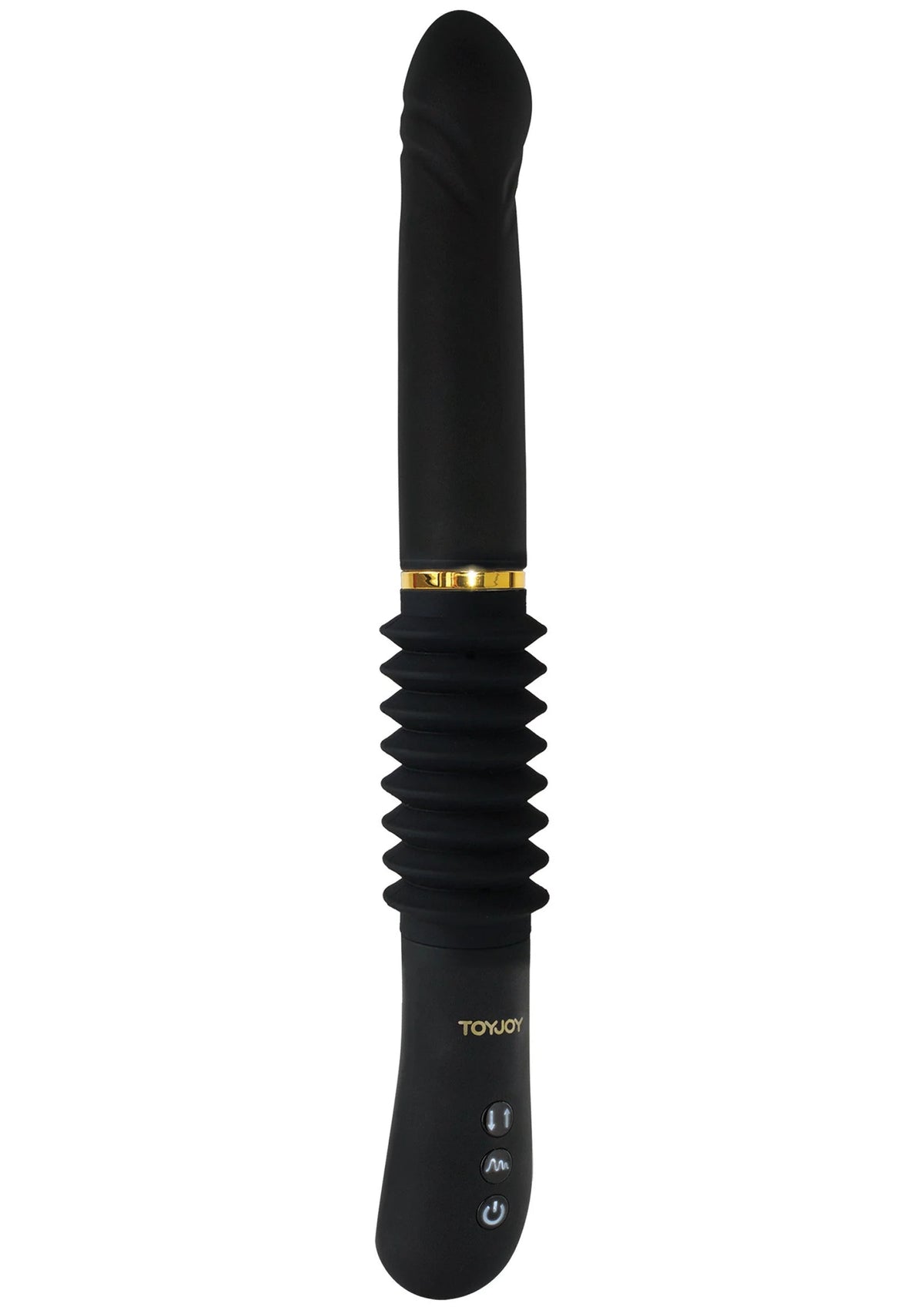 Zwarte vibrator met geribbelde schacht, gouden ring en ronde bedieningsknoppen